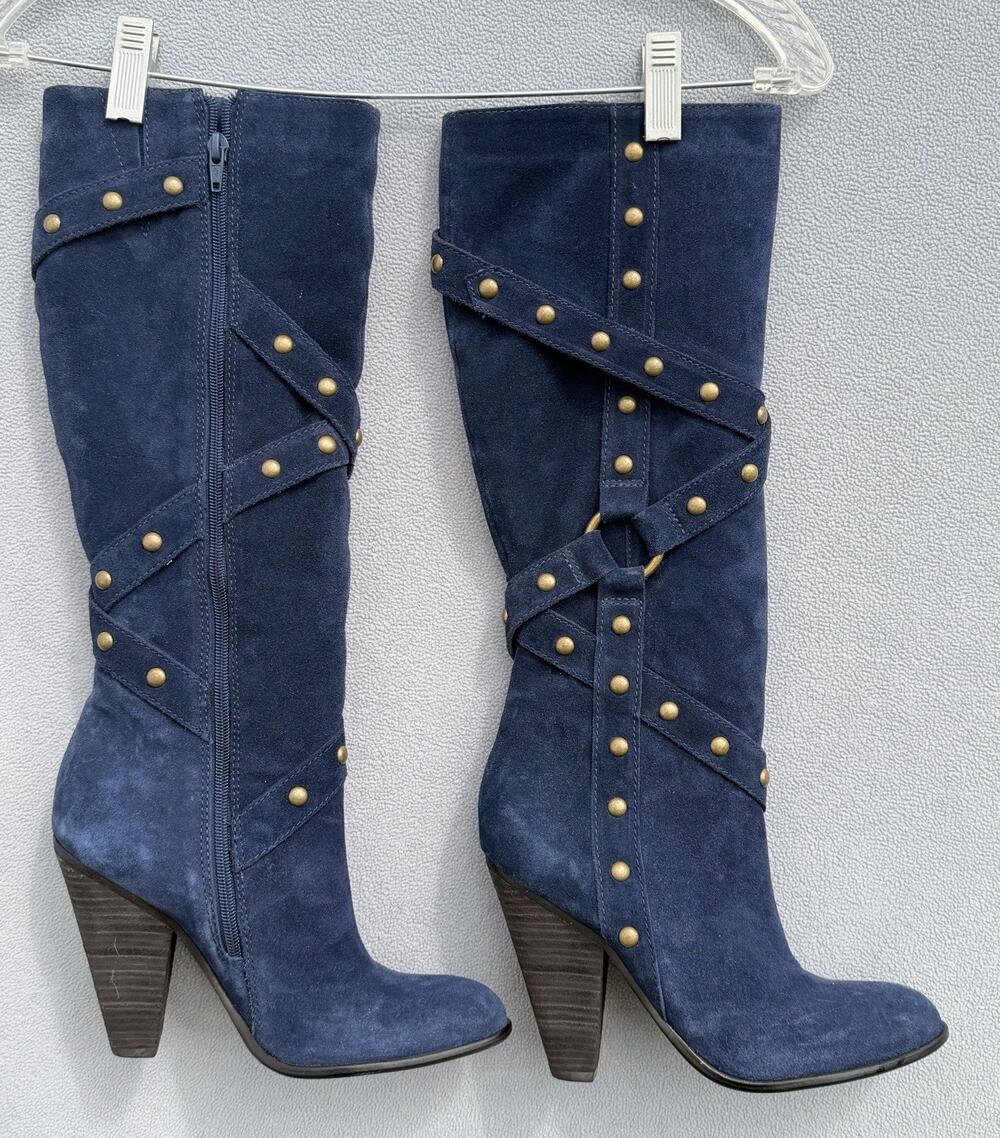 Carlos Santana Women's Studded Strappy Suede Boots Size 6 Blue Rocker Chic